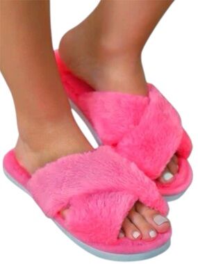 Plush Cross-Band Pink Furry Slide Slippers - Women S/M